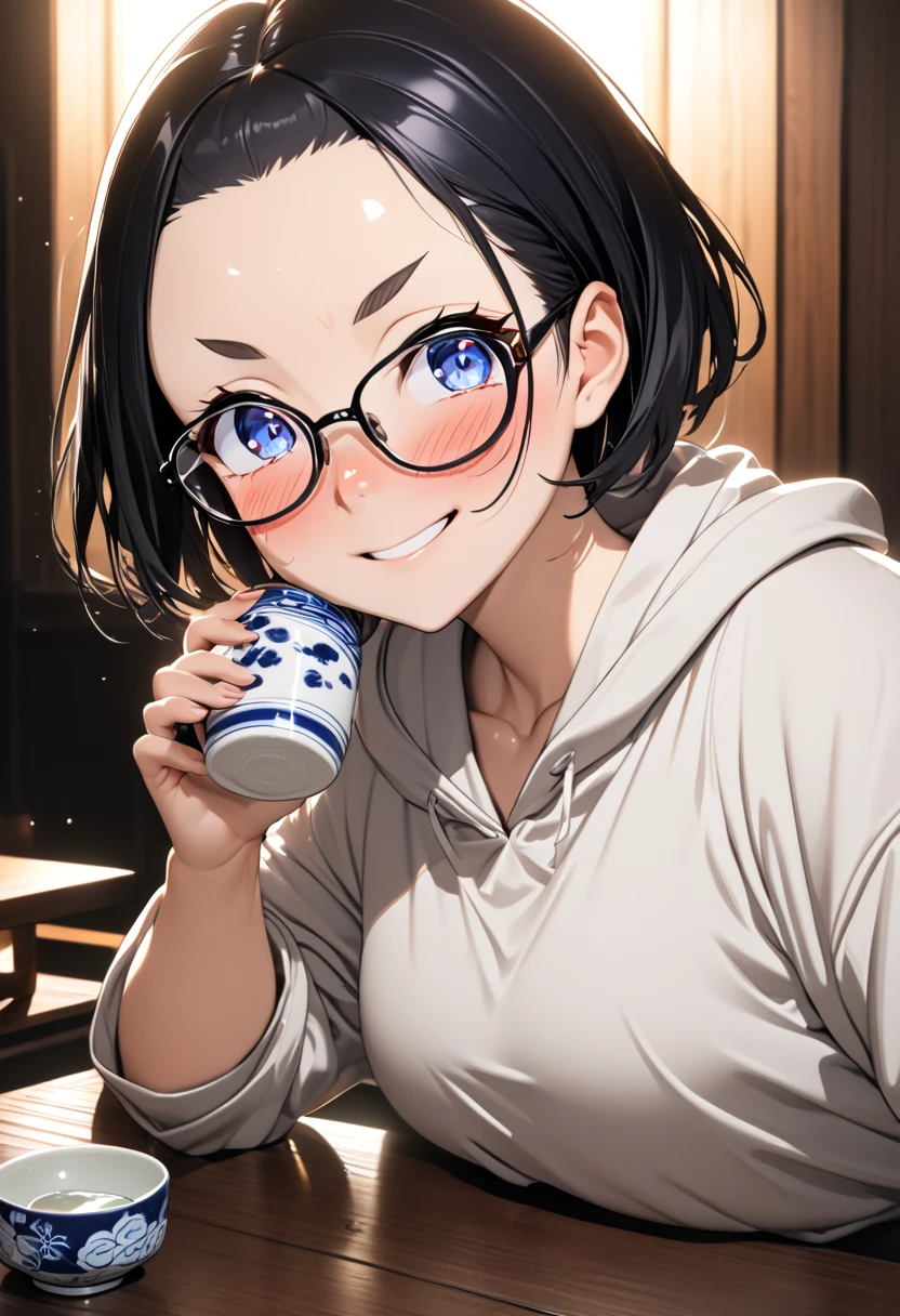 RAWphoto,photorealistic,8k16k,best quality,perfect anatomy,perfect detailed,ultra highres, extremely detailed eyes and face,gleaming skin,shiny skin,1girl,Japanese,black short hair,pixie cut, (wearing glasses:1.3),(parted bangs,forehead:1.2),round face,medium breasts,chubby,thick thigh,wearing large hoodie,oversize,little laughing,nose-blush,full-face blush,drunken eyes,drunk,drinking Japanese sake,(holding one little ceramic sake cup:1.1),sashimi on the dishes and Japanese sake bottle on the low dining table at home,cinematic lighting,dynamic lighting,depth of field,at night