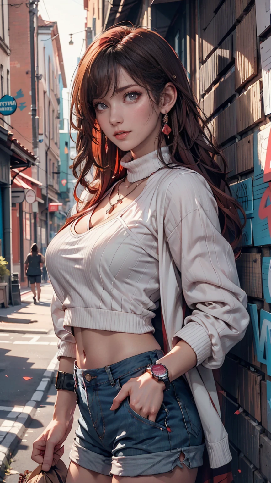 (masterpiece, top quality, 1 girl, Alone, intricate details, Color Difference), realistic , ((Moderate breathing)), long hair, Red Hair, red decoration on the head , pink highlights, Amber Eyes , earrings, Sharp Eye, Necklaces , Fluorescent shirt, tattered shorts , Unbuttoned Midriff Jacket, turtleneck, knight , Against the Wall , Brick wall, Graffiti, Dim lighting, alley, watches viewers