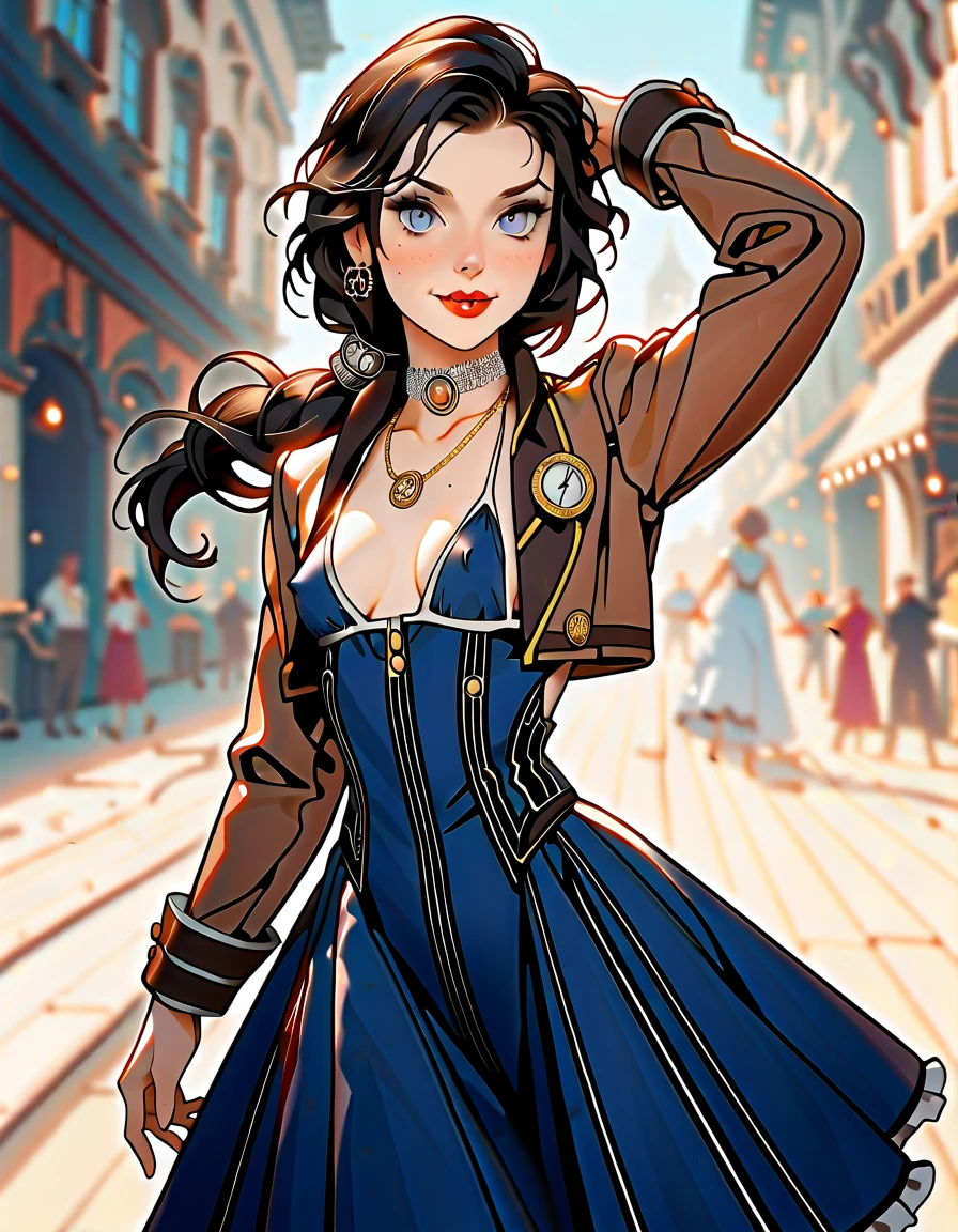 1woman, ((solo)), Elizabeth Comstock from "Bioshock Infinite";; dark hair, (long loose hair gathered in a low ponytail), pale skin, blue eyes, red lips, light smile, (small breasts), erect nipples;; (cameo choker necklace), (wearing a blue bolero 3/4 cropped jacket:1.27), micro bikini top under jacket, (wearing a long blue a-line dress:1.42), (high front slit in dress:1.32), opaque pantyhose, heeled boots;; (cropped at knees:1.37), contrapposto stance, (dancing poses:1.27);; (steampunk setting and elements:1.47),on the street of an art deco city;; ELIZABETH2 