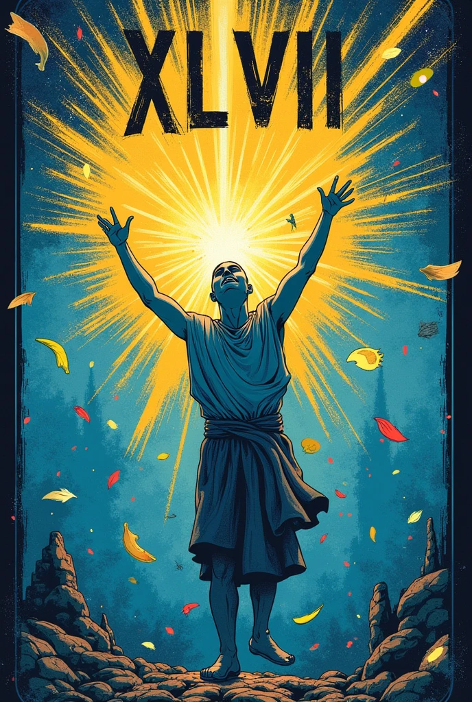 "Being a deity with a gleaming, glowing face and emanating light, you are sitting in the universe surrounded by galaxies. Wearing a crown of light and the sunshine, holding magic cards, reveal your majestic presence."