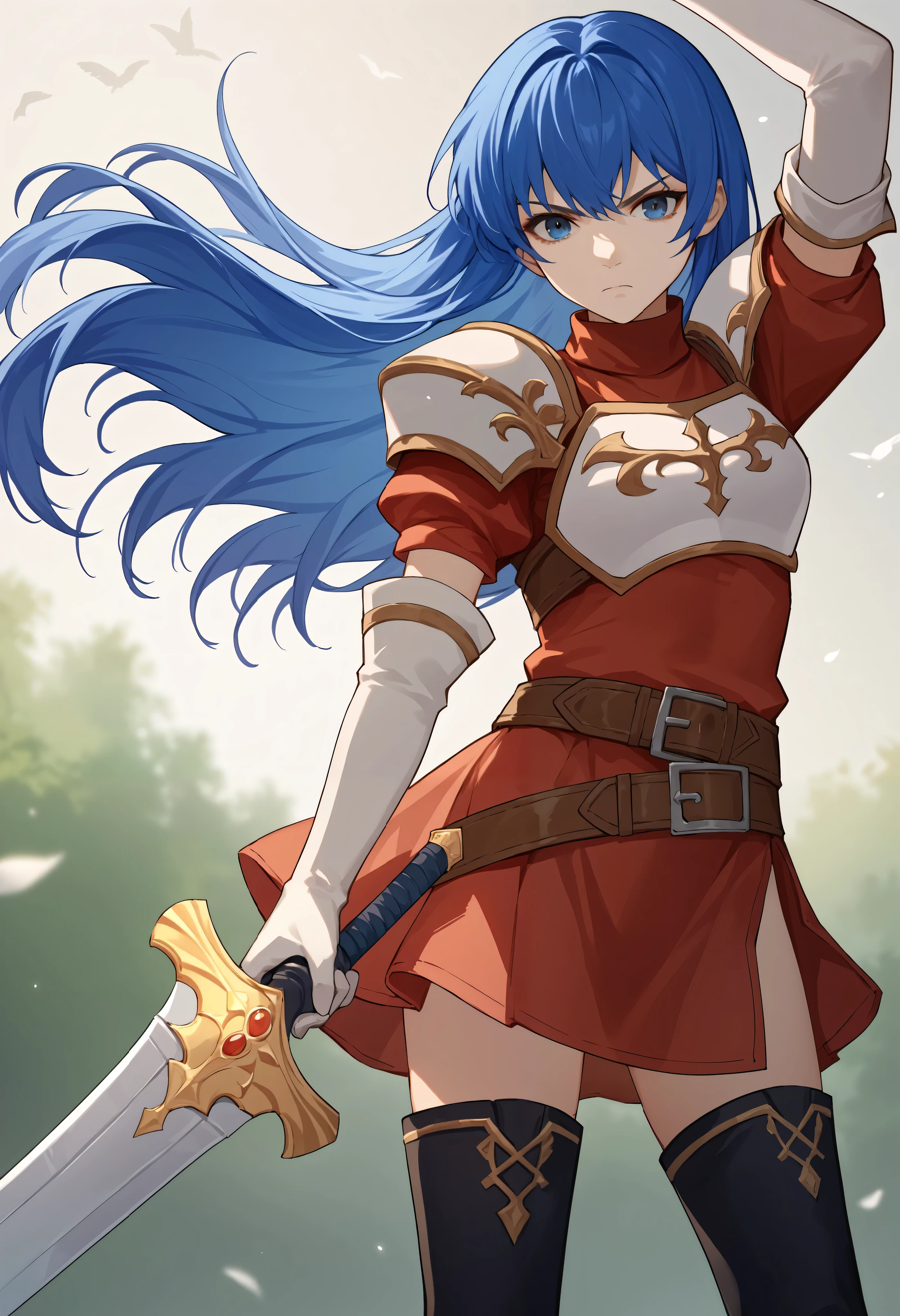 score_9, score_8_up, score_7_up, source_anime BREAK 1girl, solo, caedadef, blue eyes, blue hair, long hair, bangs, turtleneck, red shirt, shoulder armor, pauldrons, breastplate, multiple belts, brown belt, white gloves, elbow gloves, red skirt, black thighhighs, white boots, closed mouth, looking at viewer, sword, holding sword, serious, arm up