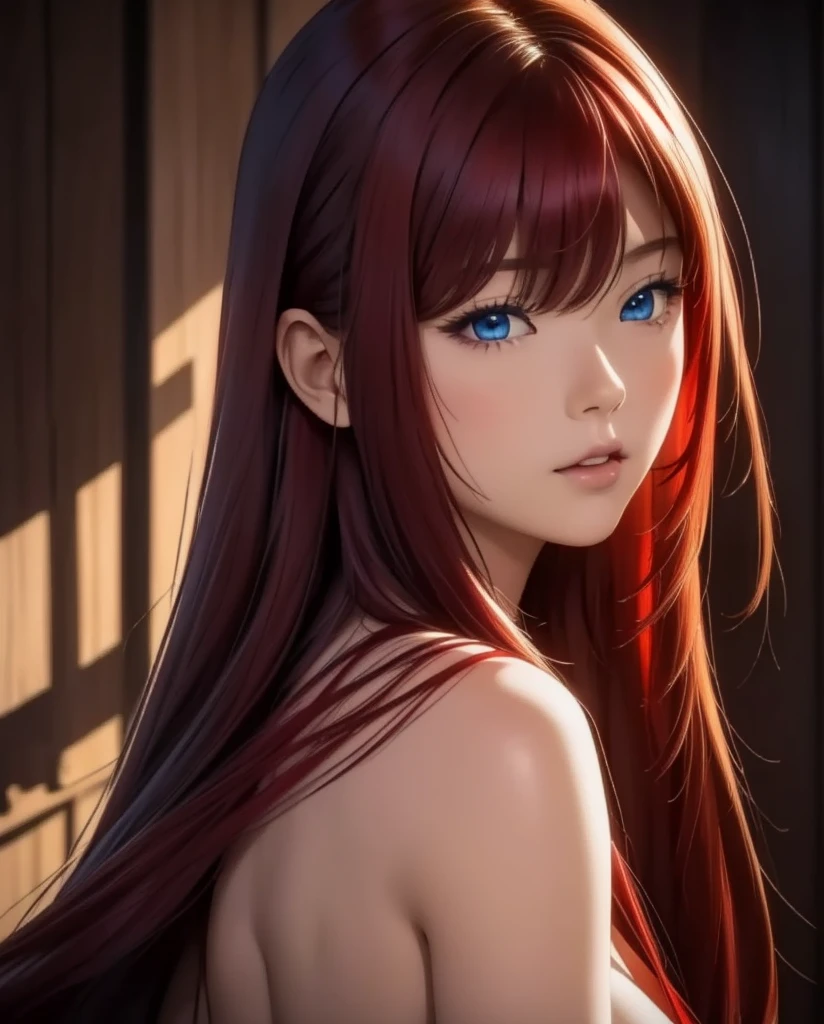 Hot 30-year-old woman, (Masterpiece: 1.4), (32K, Photorealistic, High-quality Photos, Best Quality: 1.4), (One Woman), Alluring Face, (Realistic Face: 1.4), (Long, wavy, red hair: 1.3), Seductive Hairstyle, Intense Blue Eyes, Seductive Detailed Eyes, (Real Skin: 1.3), Alluring Skin, Exotic, Ultra High Resolution, Ultra-realistic, High Definition, Golden Ratio, (Detailed Face: 1.4), (Japanese Actress:, from behind