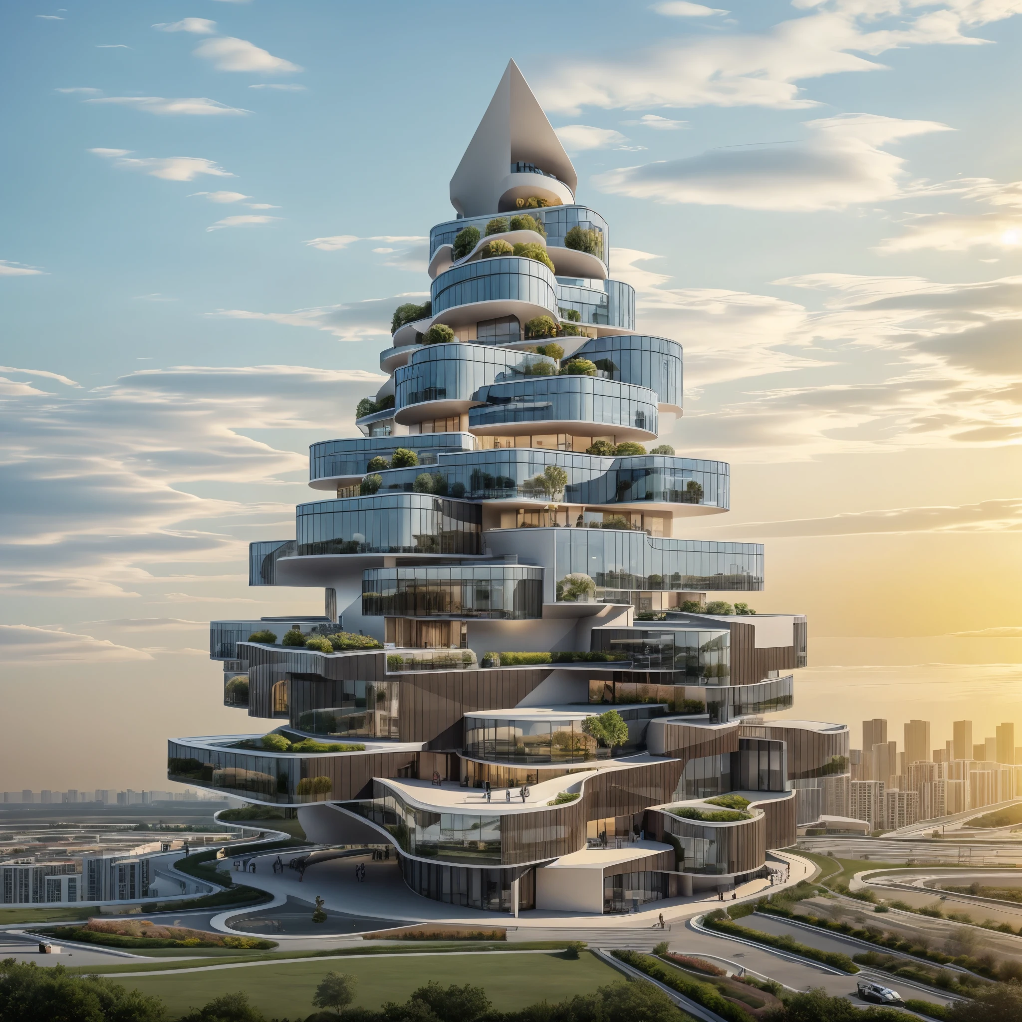 Building design , cars, tree, Hotel design, day light , outstanding, single tall building