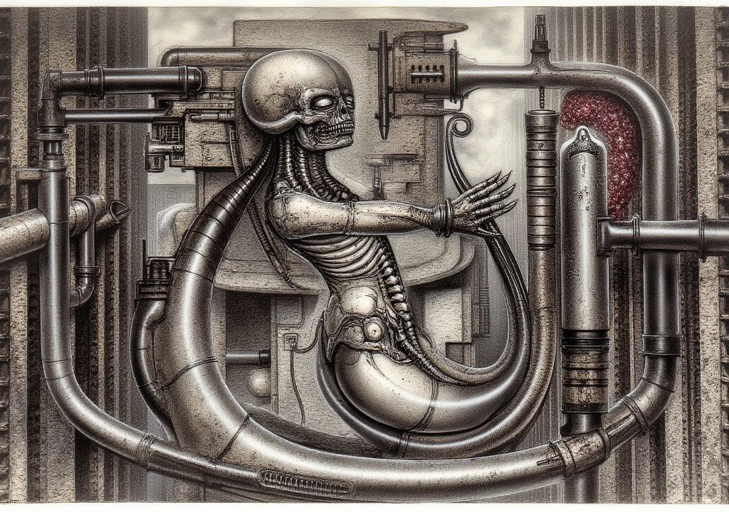 H. R. Giger's g1g3r, , Giger_style, H. R. Giger's g1g3r, , Giger_style, The image is a detailed view of H.R. Giger's \" HRG NY CITY \" plate, featuring ( HRGGR, The image is a detailed view of H.R. Giger's biomechanical tableau \" LANDSCAPE No 312 \" plate, featuring a pencil sketch on antique plot that depicts curse of Solomea in unmaskable Giger's style.The artwork depicts a labyrinthine network of interconnected tubes and pipes, creating a sense of claustrophobia and decay. The intricate details and the monochromatic color palette evoke a sense of mystery and unease. Central Figure: A skeletal figure, possibly Solomea herself, could be the focal point. Her form should be twisted and distorted, with a skeletal frame overlaid with biomechanical elements. Surrounding Environment: The figure should be surrounded by a labyrinthine network of tubes and pipes, reminiscent of Giger's signature style. These structures could be overgrown with fleshy, organic forms, suggesting decay and corruption. Color Palette: A monochromatic palette of dark grays and blacks would create a sense of foreboding and mystery. Consider adding subtle hints of red or green to highlight certain details or to evoke a sense of decay. Lighting: Use dramatic lighting to create a sense of depth and atmosphere. A single, harsh light source could cast long, distorted shadows, adding to the overall sense of unease. Symbolism and Storytelling: The Curse: The skeletal figure could be depicted in a state of torment, perhaps clawing at its own flesh or contorted into an unnatural position. This could symbolize the physical and psychological suffering caused by the curse. The Labyrinth: The labyrinthine network of tubes and pipes could represent the labyrinthine nature of the curse itself, trapping the victim in an endless cycle of suffering. ), (Proportion:1.1),  , (Reflected light:1.2), Parchment, ultra detailed, intricate,, (best quality:1.4), H.R. GIGER,  BY GIGER