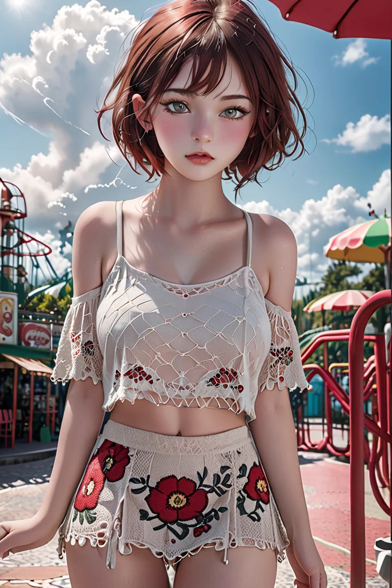 A Caucasian teenage model of rare beauty, lightly tanned white skin, short red hair with a bob cut, small breasts, distracted gray green eyes, delicate and long hands. She is wearing a loose white mini-top, a young and loose-fitting; a wavy crochet mini-skirt in mocha mousse with coffee geometric patterns. She passed by an amusement park with a modern roller coaster in the background. Vanilla blue sky, backlit sun, cumulonimbus cloud. 
Color photography (primary colors)Camera Canon EOS R6 Mark II, 55 mm, ISO 100,400, 4K