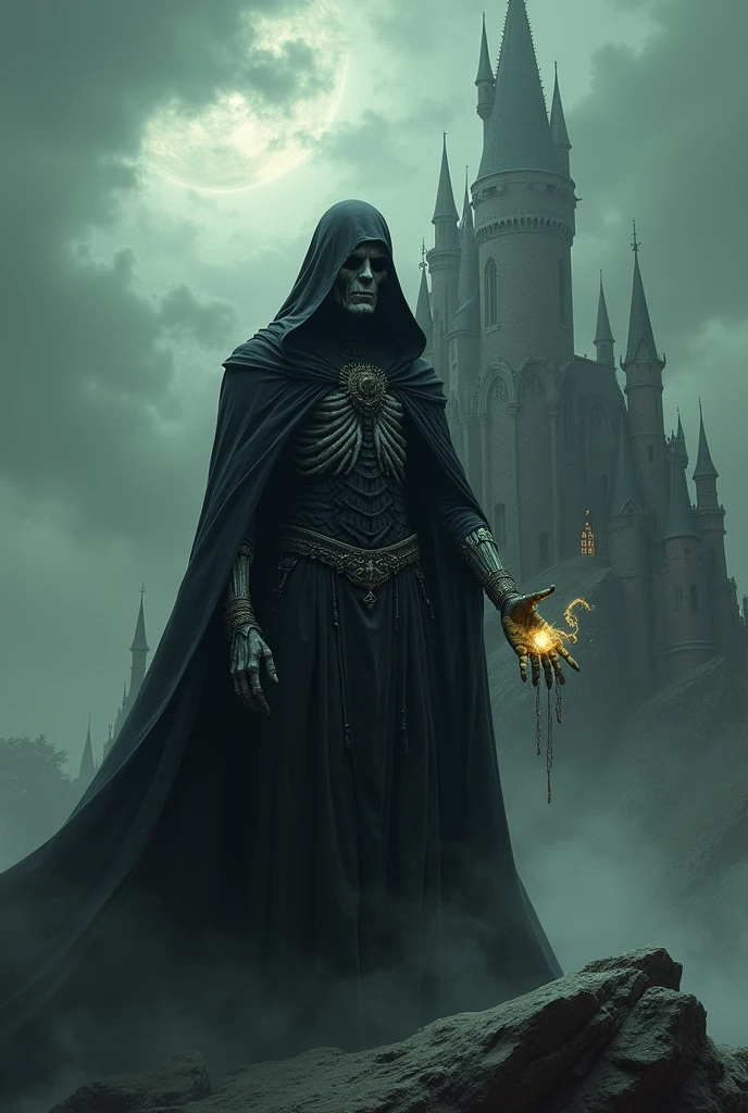 imagem arafed de um esqueleto em um manto e um castelo exuberante, arte de fundo, Assustadora Rainha da Morte, Deusa da morte em uma floresta sombria, Lots of fog invading the magnificent castle, lua cheia de fundo, Rainha da Morte, an ominous fantasy illustration, Fantasia sombria misturada com realismo, Deusa da morte, Retrato de um necromante feminino, Arte digital escura, mas detalhada, arte digital de fantasia sombria, Saint Skeleton Rainha