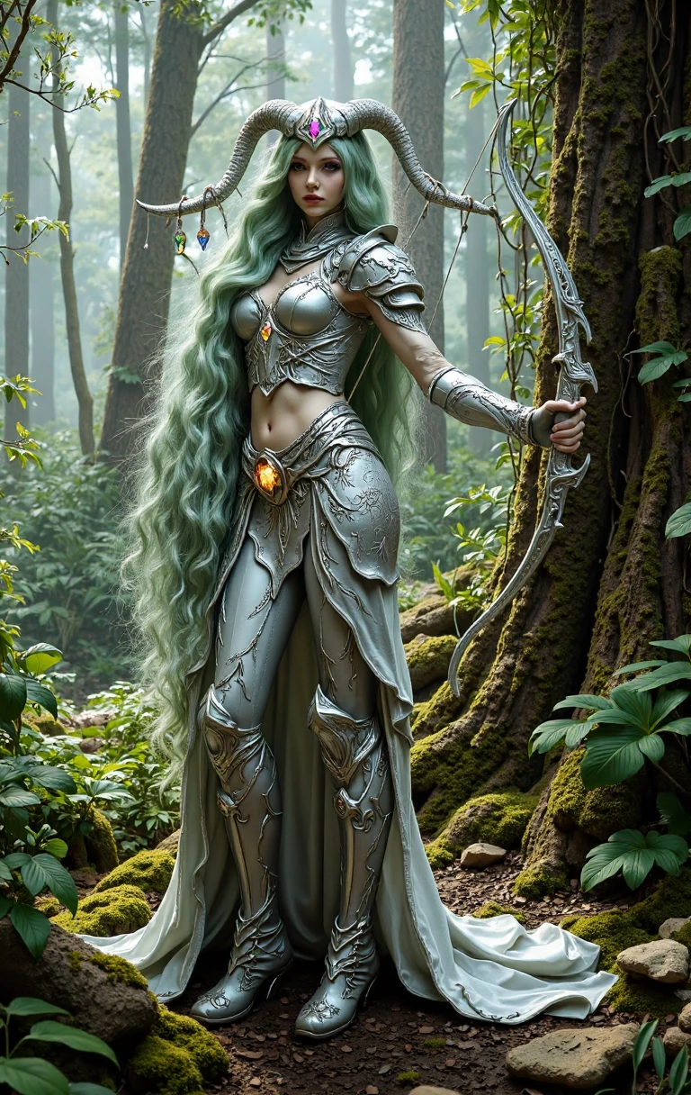 A female fairy with long platinum green hair blindfolded with silver crystal wings wearing gleaming white armor wielded a luminous spear that emanates a lot of darkness and a strong shield that the harder rock poses while radiating an aura of negative horror around it, ((roupas apertadas, see through, camelo, Bodysuit, topless))