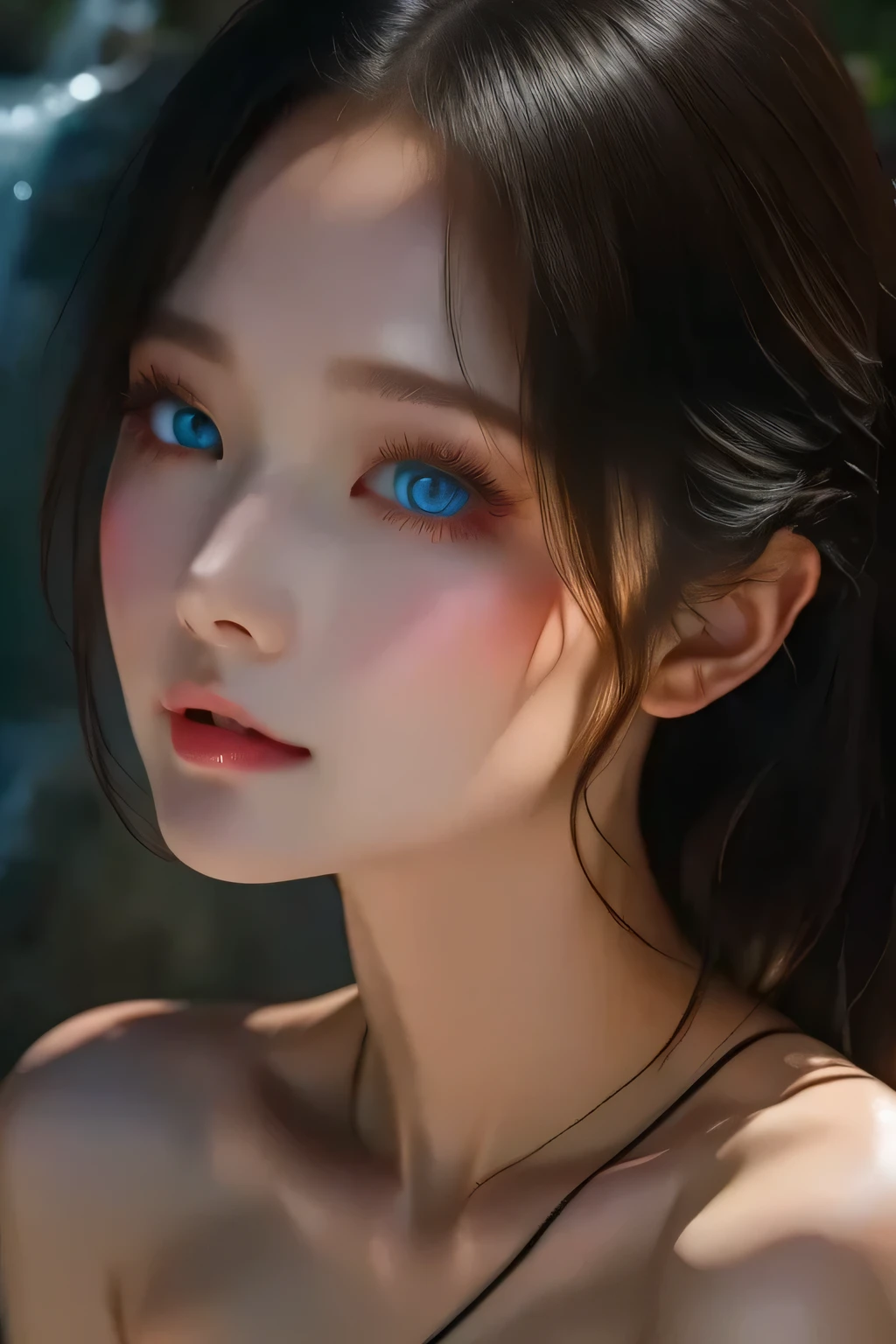  very beautiful girl bathing happily near a clear and cool waterfall。 pink skin、 blue eyes、Black Hair、 detailed face 、 Detailed Entity、Realistic Model、 Highly Detailed Natural Scenery 、CGI 8k resolution  