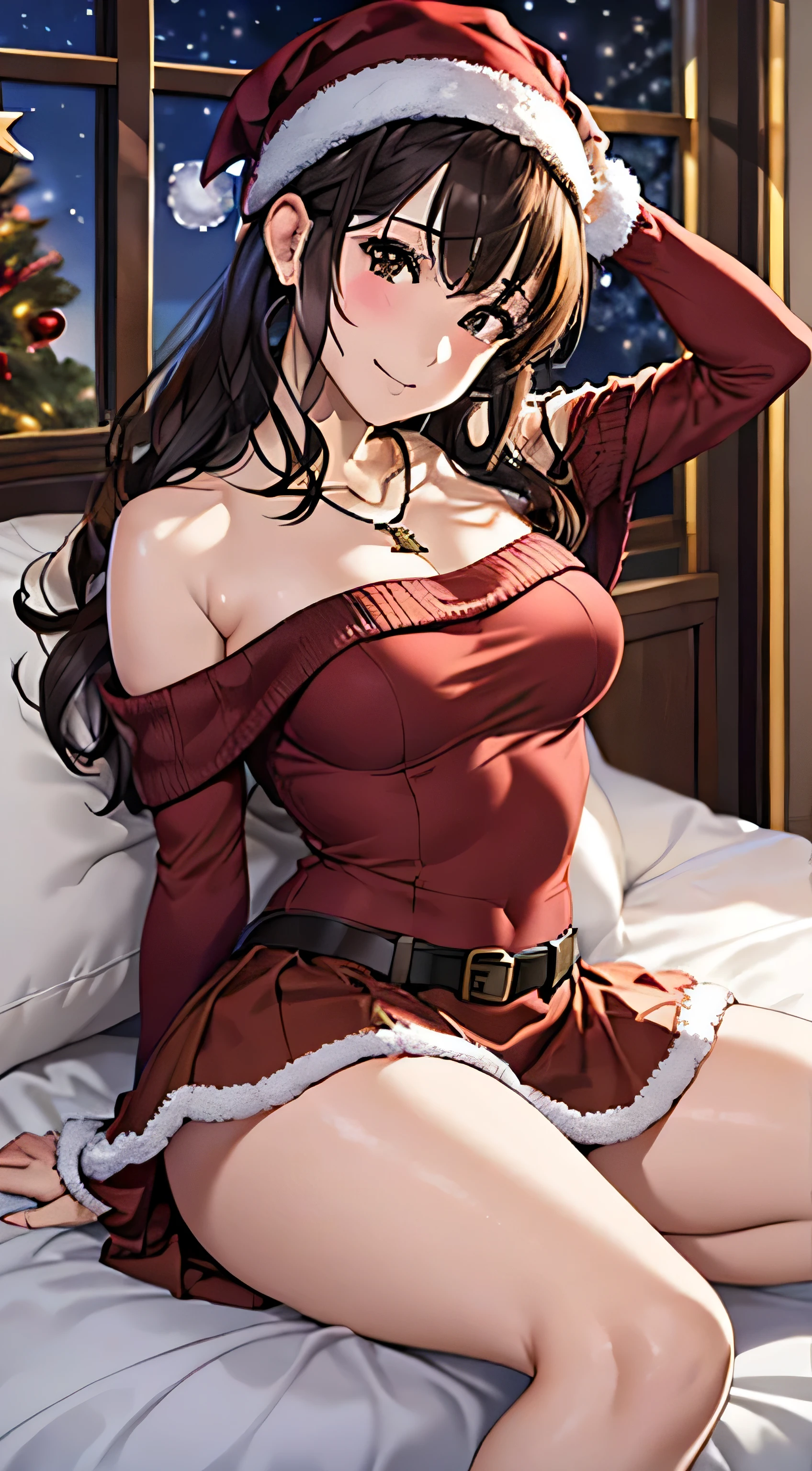 ((Tabletop, Highest quality, High resolution, , Pixel Perfect, 4K,))), 1 female teacher, single, alone, beauty、The whole body is visible、 ((Long Wavy Hair, bangs, Brown Hair)), ((Brown eyes, Beautiful eyelashes, Realistic eyes)), ((Detailed face, Blushing:1.2)), ((Smooth texture:0.75, Realistic texture:0.65, Realistic:1.1, Anime CG Style)), Big Breasts, Dynamic Angle, Perfect body, (( , , Santa Claus Cosplay Hat、 Santa Claus Cosplay Off Shoulder Sweater、flare skirt、Floral lace panties 、Nipples are slightly visible)), 、、Very embarrassing panic smile, 、、Sleeping on the hotel sofa、Luxury Hotels、、、、Stick your butt out、、、 、Angle from below)、