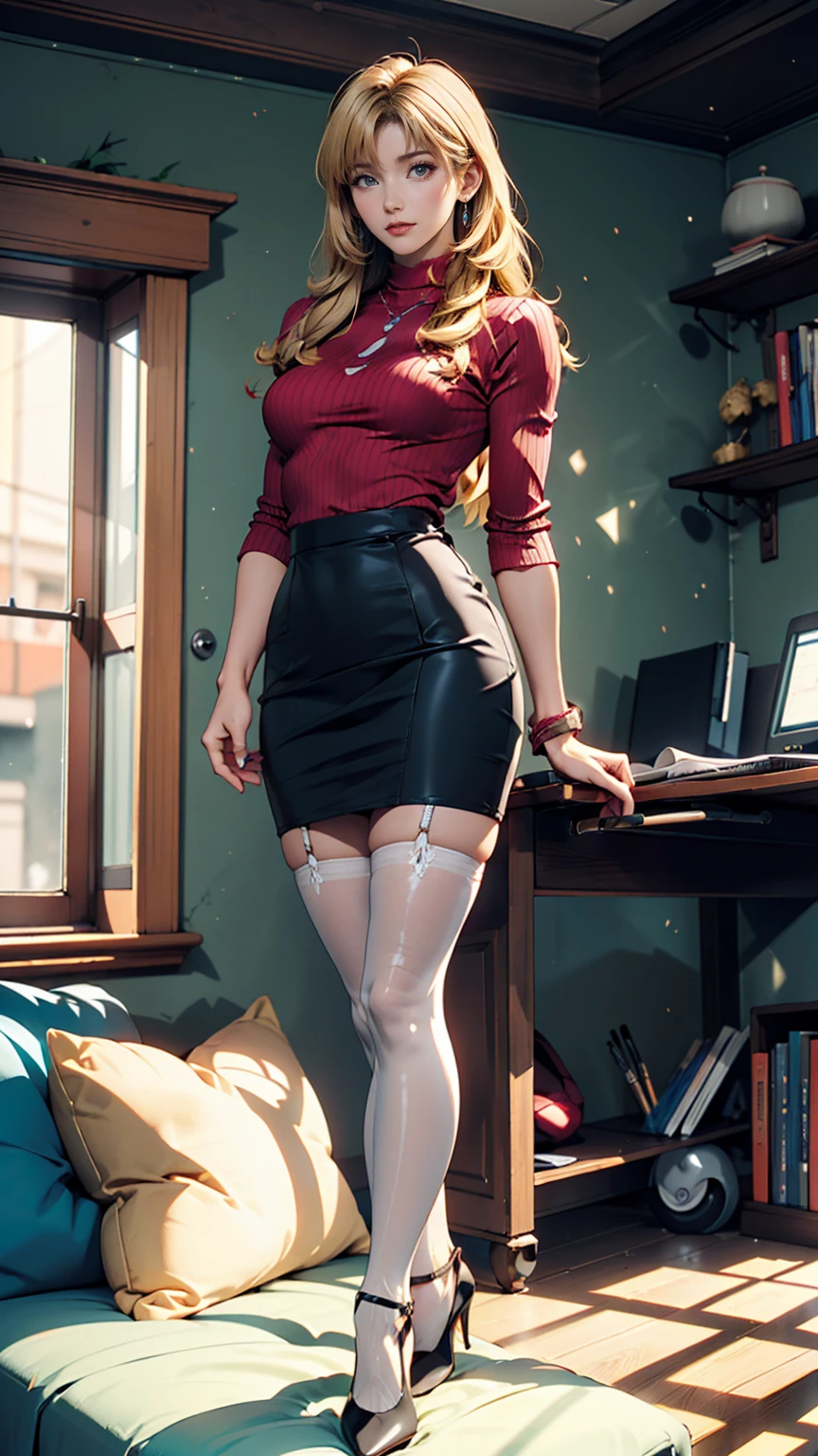 Ritsuko Akagi (Ritsuko Akagi)、 Neon Genesis Evangelion ( Neon Genesis Evangelion )、 high neck top 、White、Blonde、 long hair、Whiteのポケットに手を入れる、Stiletto heels、 pencil skirt、 black stockings、Research Room