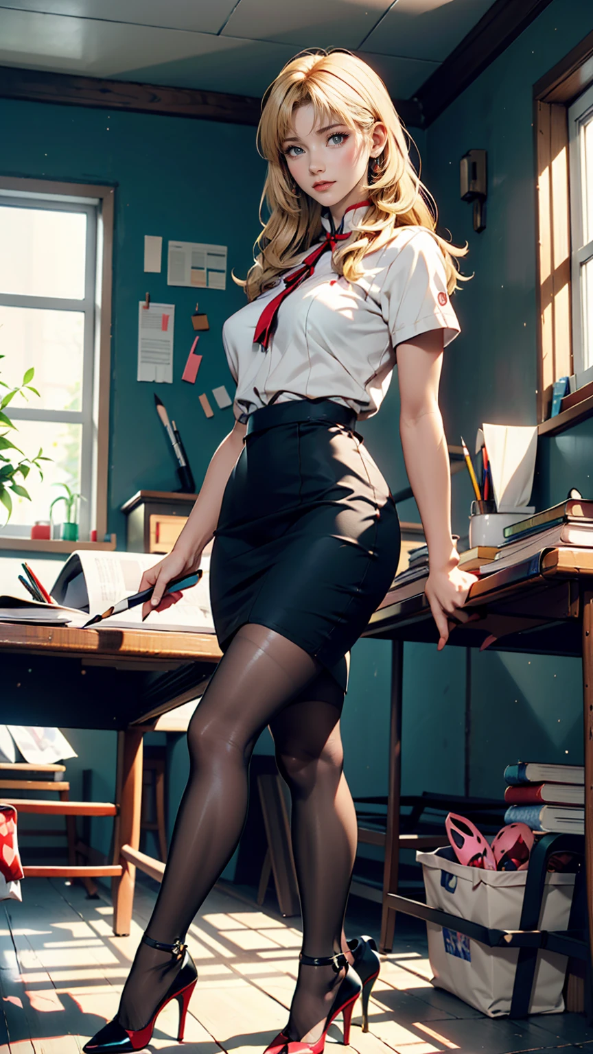 Ritsuko Akagi (Ritsuko Akagi)、 Neon Genesis Evangelion ( Neon Genesis Evangelion )、 high neck top 、White、Blonde、 long hair、Whiteのポケットに手を入れる、Stiletto heels、 pencil skirt、 black stockings、Research Room