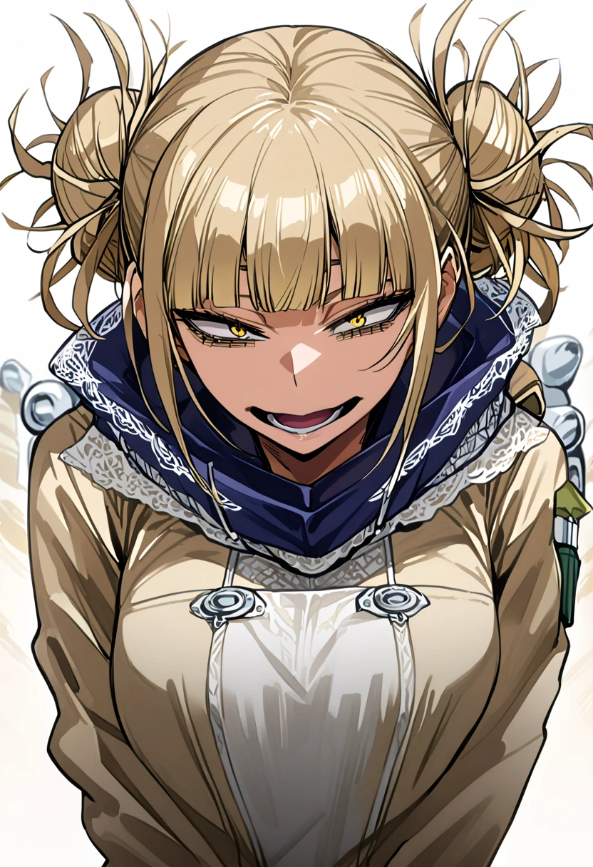 masterpiece,supper fine illustration, toga himiko,  1 girl in uniform,  Double Bang ,  Yellow Eyes ,  blonde hair ,  wide open mouth, ,  school uniform, tooth,  watches viewers, smile, Butchoukami ,  sailor suit, Blue sailor collar,  white background , side lock, clavicle, (( shows the whole body)),  simple background,  Red Neckerchief , teeth, I narrowed my eyes., anatomically correct, (( White Panties with Lace )), Small underwear,