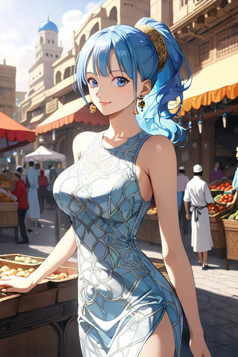 16k,masterpiece,animated painting, ((ultra detailed background, delicate pattern, intricate detail)), (highly detailed, fine details), best quality,beautiful lighting, absurdres,Nefeltari Vivi,(onepiece:1.8),1990s \(style\),(E-cup beautiful breasts), (tall:1.2),height: 175cm,Fashion model body type、1girl, long hair, blue hair, solo, smile, earrings, skirt, ((Islamic dress)), ponytail, hair ornament, sky, blue eyes, cowboy shot, (complex detailed background, outside, sunny, desert town environment, buildings, town, market, hair lift, cowboy shot),Anime-style painting style,Cinematic lighting,Superfine,sexy,nsfw