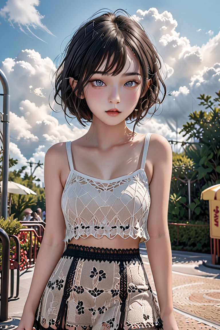 A Asian teenage model of rare beauty, lightly tanned white skin, short blackest hair with a bob cut, small breasts, distracted gray açaí eyes, delicate and long hands. She is wearing a loose white mini-top, a young and loose-fitting; a wavy crochet mini-skirt in mocha mousse with coffee geometric patterns. She passed by an amusement park with a modern roller coaster in the background. Vanilla blue sky, backlit sun, cumulonimbus cloud. 
Color photography (primary colors)Camera Canon EOS R6 Mark II, 55 mm, ISO 100,400, 4K