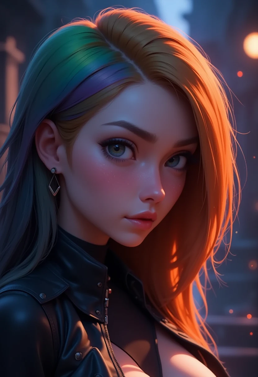 {{masterpiece}}, best quality, extremely detailed CG unity 8k wallpaper, cinematic lighting, lens flare, beautiful detail eyes, black, side glance, multicolor hair, colorful light, particles, heterochromia, (colorful:1.5), (colorful hair:1.5),