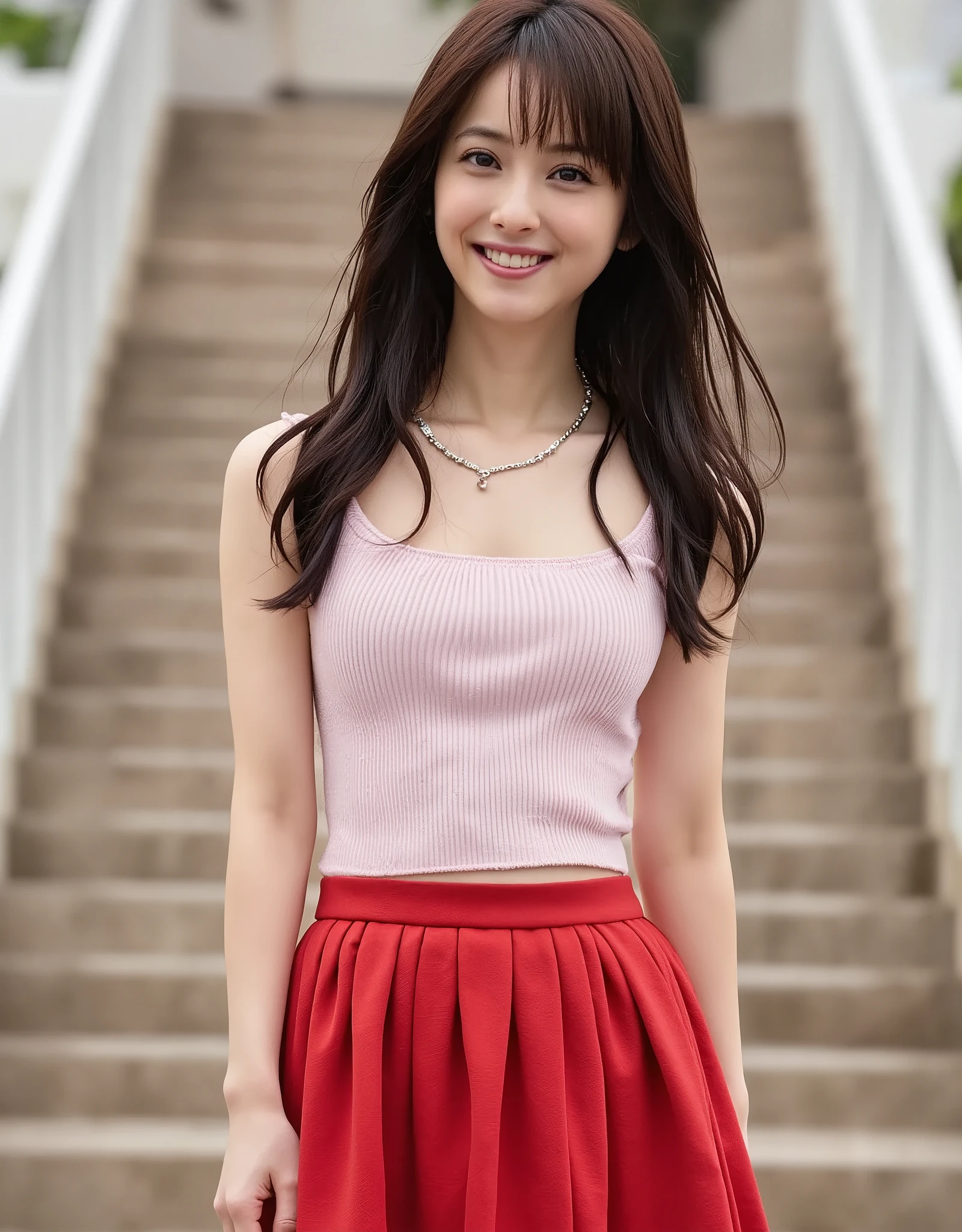 Arafed asian woman in a pink top and red skirt posing for a picture ...