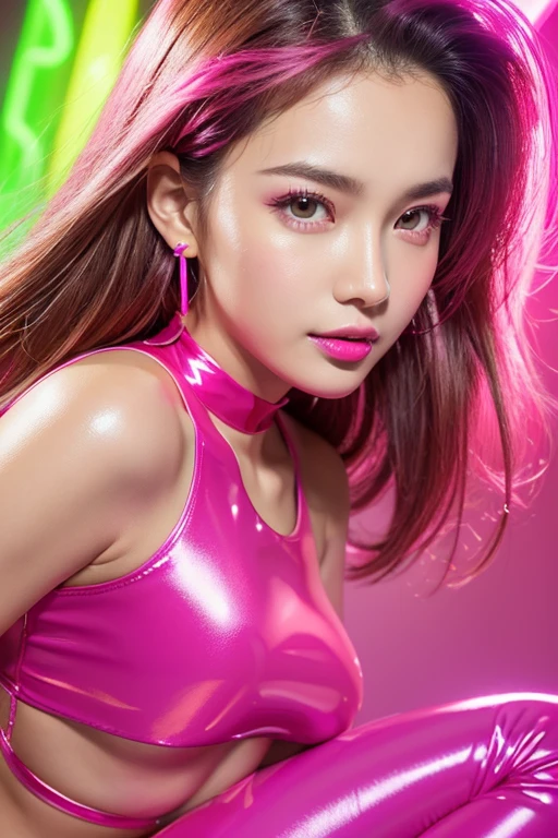 nsfw、sexy stylish female idol、glossy lipstick、smiling face、defined eyebrows、ultra detailed vivid makeup、very long lashes、full body Esbian、sheer latex dress(neon fuchsia)、Colorful hair