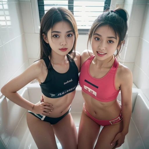 Two Girls, wearing sportswear ,stand on all fours and watch the viewers,Grinning smile,( in front of the toilet urinal ),sportswear, Bikini, track jacket, ( top quality: 1.2,masterpiece: 1.2),8k, professional lighting, super real ,Ultra HD, high definition ,Ultra HD,( medically accurate bodies ),( anatomically correct bodies),Symmetrical,(NSFW), beautiful face, beautiful body, Beautiful Fingers , beautiful hands,Beautiful nails, beautiful eyes,Beautiful arms, beautiful feet,