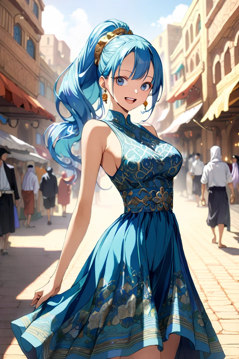 16k,masterpiece,animated painting, ultra detailed background, delicate pattern, intricate detail,highly detailed, fine details,best quality,beautiful lighting, absurdres,Nefeltari Vivi,(onepiece:1.8),1990s \(style\),(E-cup beautiful breasts), (tall:1.2),height: 175cm,Fashion model body type、1girl, long hair, blue hair, big eyes,long eyeblushes,solo,big laugh, earrings, skirt, ((Islamic dress)), ponytail, hair ornament, sky, blue eyes, cowboy shot, (complex detailed background, outside, sunny, desert town environment, buildings, town, market, hair lift, cowboy shot),Anime-style painting style,Cinematic lighting,Superfine,sexy,nsfw