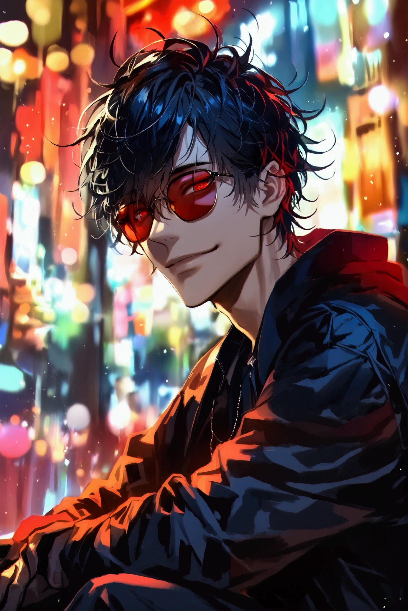 (solo), (1 male), (1 man), handsome men, (one man with black hair with red inner color, red eyes), Manban hair, messy hair, sunglasses with a red round edge,((masterpiece)), (dark background: 1.3), (stylish), (smile),dynamic angle, (detailed face, detailed eyes, proportional hands, proportional anatomy), sitting in a relaxed pose, sinister atmosphere, 