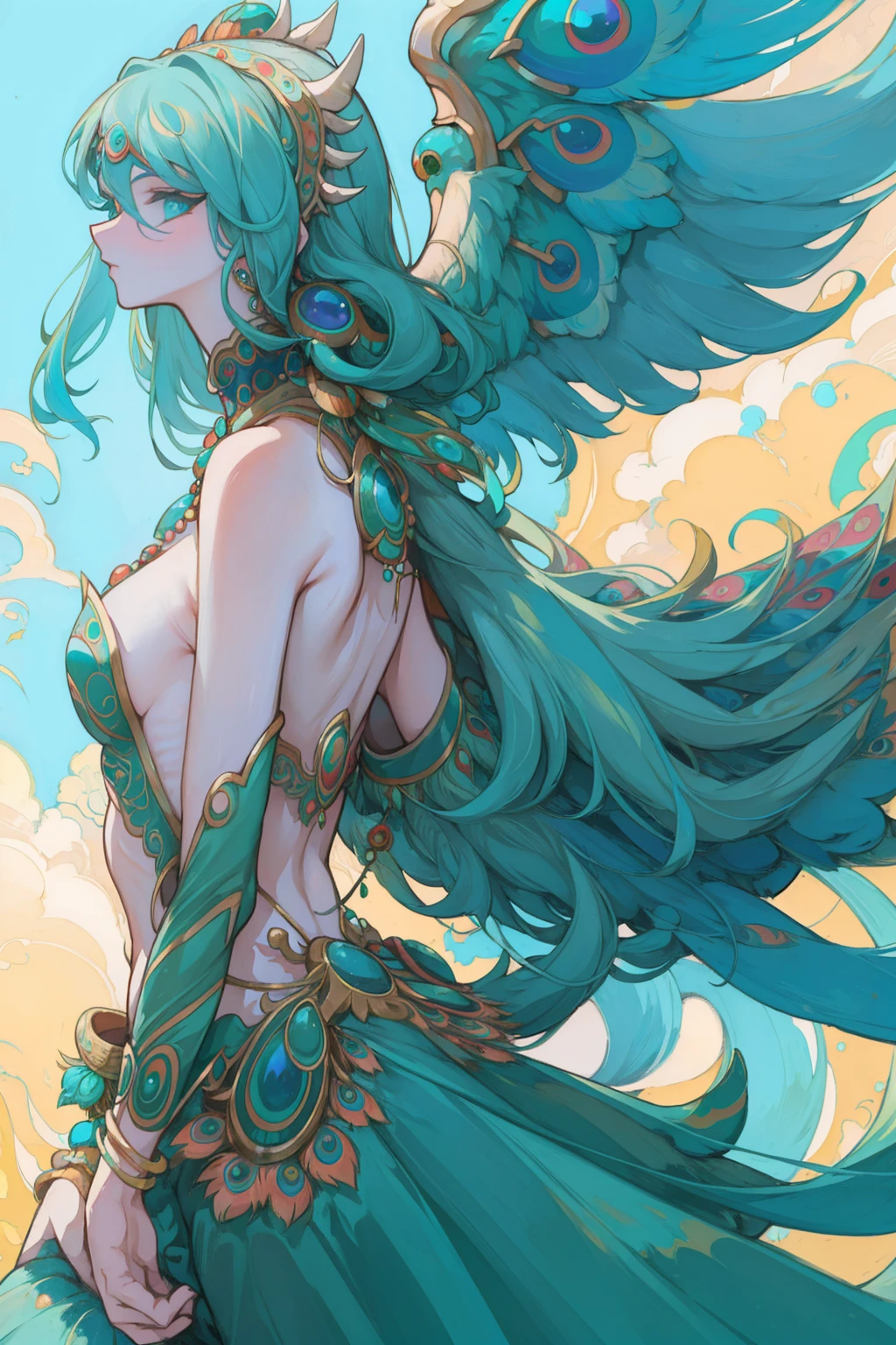 peacock rainbow tail, (lots of peacock tails), large peacock pattern, gold and blue peacock tail, Brighter, giga_busty