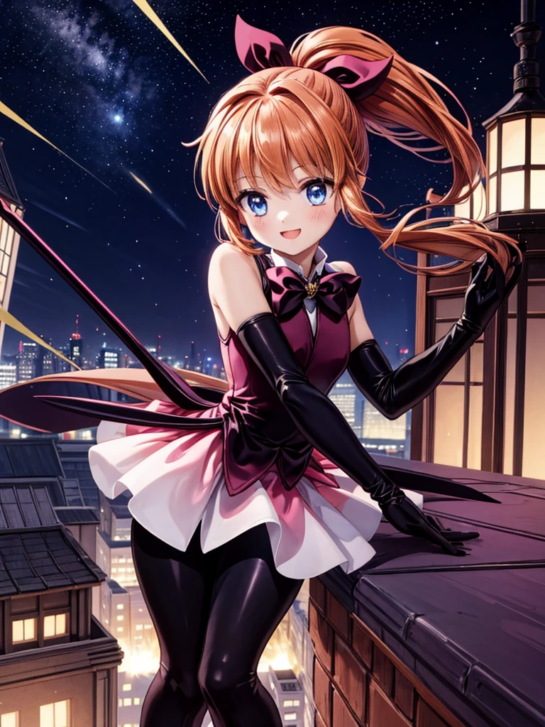 one girl, Meimi Haneoka, Saint tail, cute face, thin and tall, smile, blue eyes, brown long hair, ponytail with ribbon, magical girl, black and pink sleeveless dress, black elbow gloves, black gloves, black pantyhose, black thigh boots, magical stick, full body shot, rooftop scenery, night view