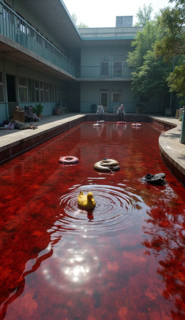  Ultra realistic style ，Panoramic shooting， school swimming pool with duck swimming rings floating in the blood-red water，In front of the picture, there is a duck with a shoe dropped ， and two zombies are lying on the ground on the shore at the end，Big swimming pool 