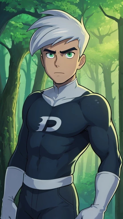 (1boy, danny phantom), (extremely detailed CG unit 8k wallpaper),(master part), (best quality), (ultra detail), (best illustration),(StudioGhibliStyleHMC), cowboy shot, standing, facing viewer, looking at viewer, perfect face, perfect eyes, perfect fingers, (Sharp eyeliner, ombre, detailed eyes:1), digital art, Deep in the forest,Deep green forest,beautiful forest,Low light, break , upper body, solo, serious , (white hair,  white gloves)