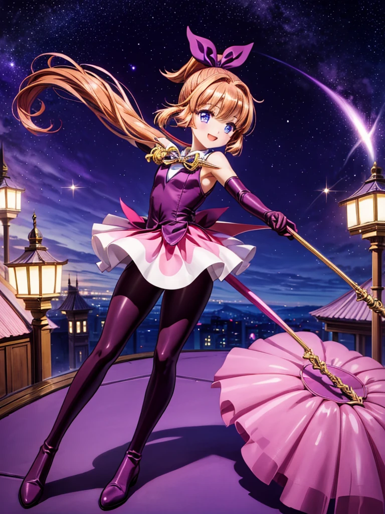 one girl, Meimi Haneoka, Saint tail, cute face, thin and tall, smile, blue eyes, brown long hair, ponytail with ribbon, magical girl, purple and pink sleeveless dress, purple elbow gloves, purple gloves, purple pantyhose, purple thigh boots, magical stick, full body shot, rooftop scenery, night view