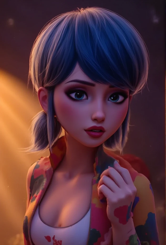 {{masterpiece}}, best quality, extremely detailed CG unity 8k wallpaper, cinematic lighting, lens flare, beautiful detail eyes, black, side glance, multicolor hair, colorful light, particles, heterochromia, (colorful:1.5), (colorful hair:1.5), looking at viewer, smiling