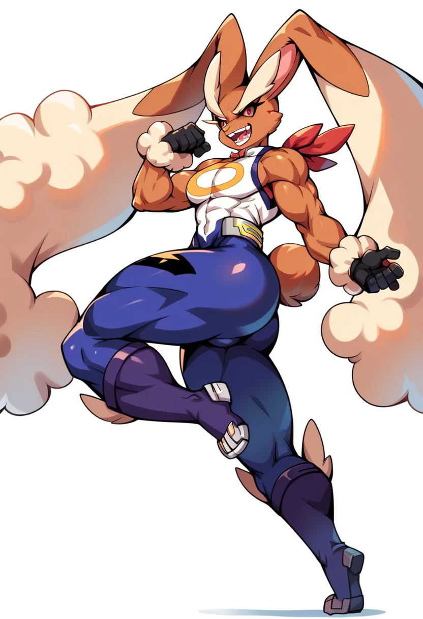 Female, furry, A fit and curvy female furry anthropomorphic Lopunny in a powerful, dynamic roundhouse kick full body pose, inspired by Mirko's hero costume from My Hero Academia, Her left leg is captured in a speedlines blurred motion to convey the speed and arc of a roundhouse kick, while her body is shown in a medium shot, with both legs and the body fully  view visible in the composition, The low-angle perspective emphasizes her athleticism and strength, highlighting her toned physique, Her long, flowing Lopunny's bunny ears and snug, hero-like outfit are in motion, dramatic flair, The art style is inspired by Taigerarts, featuring bold outlines, smooth solid shading, flat colors, and minimal details, The anatomy is flawless, with proportional limbs, strong legs, and dynamic physics applied to the ears and medium chest to enhance the sense of movement. Her confident pose exudes power and elegance, centered in a front-facing, action-packed scene