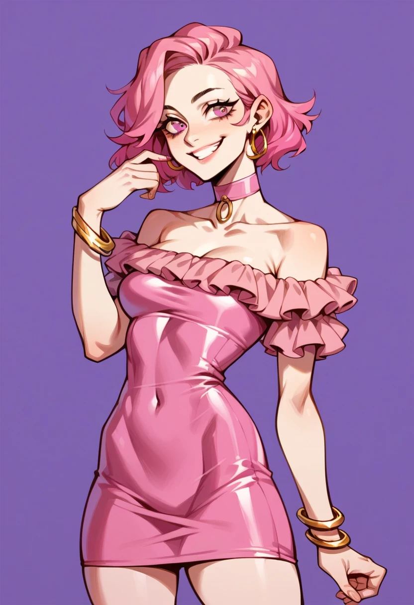 Prompt: ,score_9, score_8_up, score_7_up, score_6_up, score_5_up, score_4_up, BREAK, source_anime,1girl,,mina ashido, ashido mina, my hero academia, my hero academia style,, wide hips,, pussy, simple background, looking at viewer, haughty, confident, smug,, rating_explicit, slutty clothing, exhibitionist , pussy,fishnet minidress, fishnet dress, , sleeveless dress, bare legs, , strapless dress, jewelry, arm band, see through, solo, see through, transparent fishnet dress, see-through clothes, nipples, medium shot, pussy, upper body, seductive