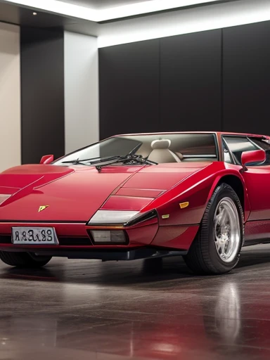 Lamborghini Countach, inside high-end department store, woman, wine red jacket and skirt, placing hand on the car, bright lighting, angled from a diagonal front, beautiful design, sophisticated background, luxury items, glamorous atmosphere, sparkling details, high-resolution digital art,((masterpiece)), ((best quality)), (ultra-detailed), ((beautiful eyes)), Japanese female, (slender), ((30 years old)), beautiful, (cheerful grin:1.3),