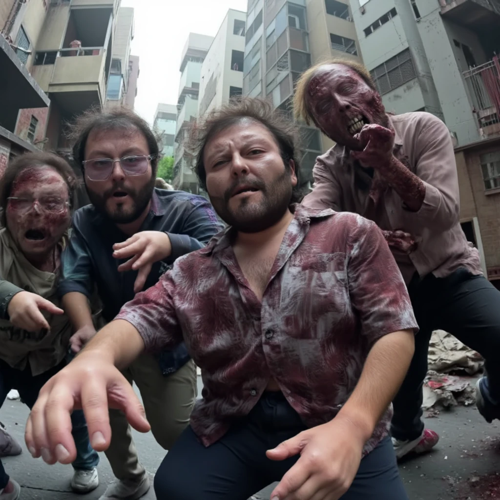 a photo of marlongobierno20 escaping from a bunch of ugly and bloody zombies (zombies:1.5), (blood), on a destroyed city, marlongobierno is looking to the camera, dramatic expression, zombies are attacking him, there are grey destroyed buildings at the background, low lighting, overexposed, GoPro lens, smeared background, RAW style, seen from above