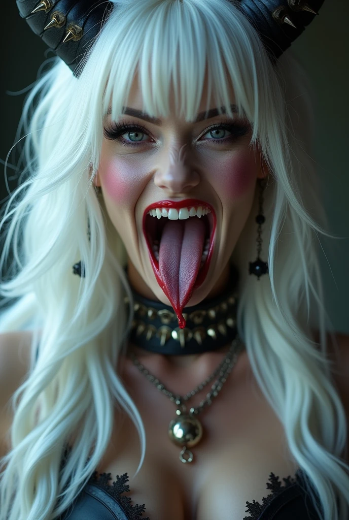 RAW photo of a caucasian vampire woman,long hair,masterpiece, sharp, ultra detailed, 8k, ((soft dimmed light)), old castle background,perfect teeth, details lips, one woman, dungeon ,angle view, best quality, (high detailed skin:1.2),8k uhd, dslr, soft lighting, high quality, film grain, Fujifilm XT3, intricate detail, make up ,(fang), full body, lingerie, porn
