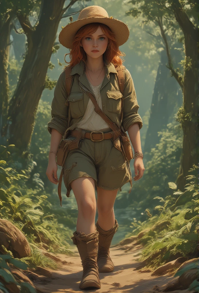 Vera a  girl, with vibrant green eyes and shoulder-length auburn hair,  hairstyle in soft waves . The character wears a wide-brimmed beige hat adorned with a subtle leaf pattern around the brim.. He wears a short-sleeved olive green safari jacket with rolled cuffs.,  the jacket has two chest pockets and is cinched around the waist with a brown belt that has a gold buckle. Below, a white shirt peeks out. The character wears brown calf-high boots with laces and darker brown soles.. on the back, He carries a small rustic brown leather backpack secured with straps over his shoulders. The overall appearance suggests an adventurous spirit. You are exploring a dense forest , walking on a path.