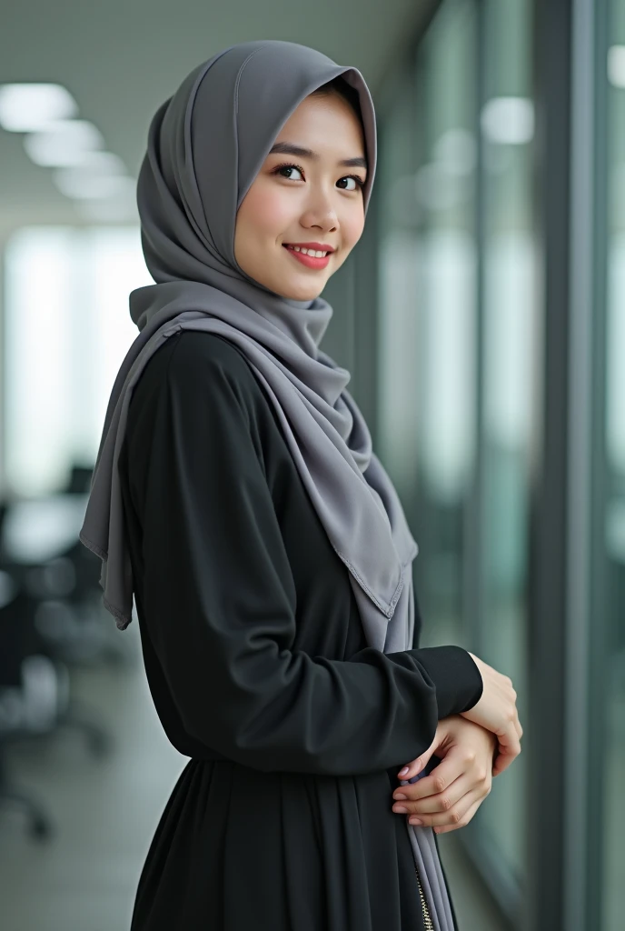 36 years Old, Hijab Indonesian mature woman, hardware store, Slim body, tight long sleeve dress, Breast about To burst out, blur background, bokeh, smiling, elegant, detailed skin,