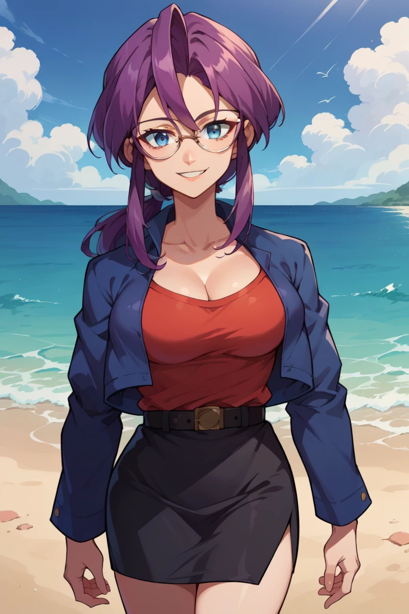 score_9, score_8_up, source_anime, 1girl, solo BREAK  animeLorelei, purple hair, blue eyes, hair between eyes, low ponytail, glasses, blue jacket, red shirt, cleavage, belt, black skirt, ocean, blue sky, looking at viewer, serene smile