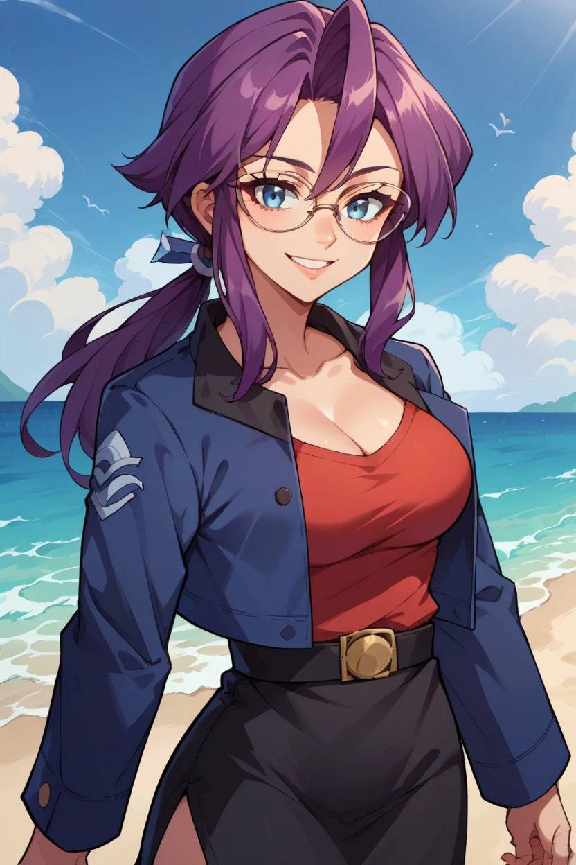 score_9, score_8_up, source_anime, 1girl, solo BREAK  animeLorelei, purple hair, blue eyes, hair between eyes, low ponytail, glasses, blue jacket, red shirt, cleavage, belt, black skirt, ocean, blue sky, looking at viewer, serene smile