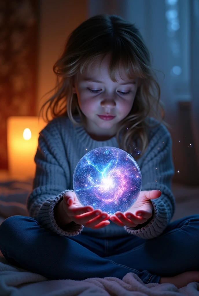 Blonde child girl WITH STRAIGHT HAIR, RED BACKGROUND, A CRYSTAL BALL IN HER HANDS.
