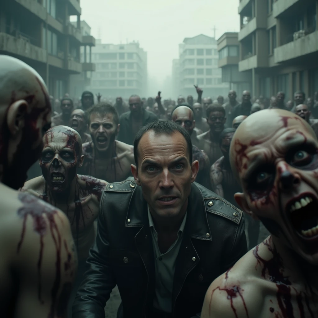 a photo of a man escaping from a bunch of ugly and bloody zombies (zombies:1.5), (blood), on a destroyed city, marlongobierno is looking to the camera, dramatic expression, zombies are attacking him, there are grey destroyed buildings at the background, low lighting, overexposed, smeared background, RAW style, seen from above