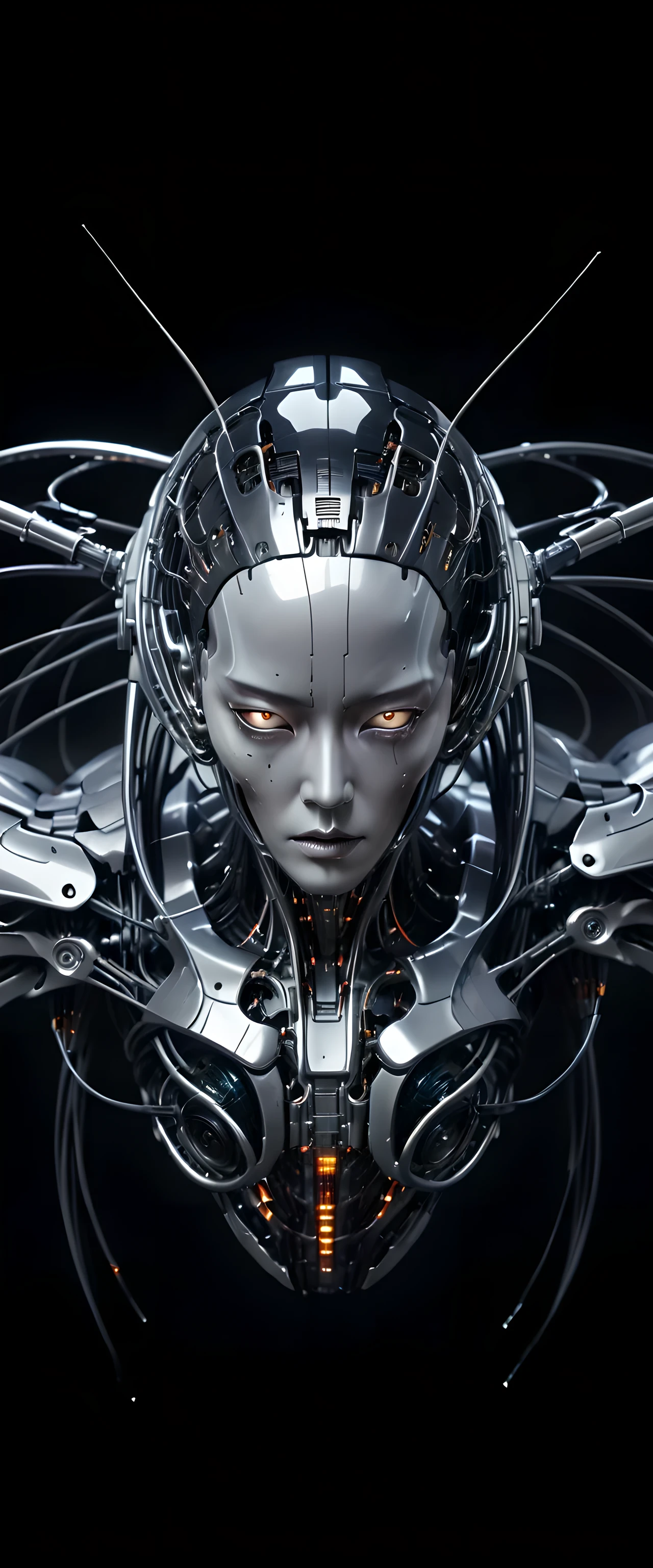  A hyperrealistic photo in 8K UHD , no cyberpunk style,  depicting a humanoid alien with masculine features ,  combining biomechanical and futuristic characteristics . } The head has an elongated and oval shape ,  with a smooth and hairless texture ,  in shades of gray with chromatic variations under light .  The skull has a slight bulge at the top and back ,  suggesting a larger brain volume and highlighting its advanced intelligence . The eyes,  disproportionately large ,  they occupy almost half of the face ,  with an oval shape and slightly inclined upwards ,  conferring an enigmatic and observant aspect .  The irises are wide and black , with a subtle glow,  while the sclera is almost non-existent ,  forming a dark gradient that accentuates its alien appearance .  The surface of the eyes is vitreous ,  looking like a fusion between organic and crystalline ,  suggesting high sensitivity to light .  The chin and mouth are small and discreet ,  with a thin horizontal line defining the lips ,  that appear to have a purely practical function .  There is no apparent nose ,  just two small holes positioned directly above the mouth ,  minimalist respiratory feature . in the same way,  the ears are missing ,  replaced by small holes on the sides of the head ,  slightly inclined to capture sounds . The skin, metallic gray ,  is integrated with intricate cybernetic modifications ,  with shiny cables and embedded microchips running through the body and suggesting the processing of data controlled by artificial intelligence.  Metal plates and geometric circuits form energetic patterns that emanate subtle light .  Its overall appearance is elegant ,  aerodynamic and highly technological , with elongated limbs ,  biomechanical details and minimalist features .  The background reveals a vibrant and chaotic cyberpunk city ,  with skyscrapers illuminated by colored holograms and digital panels .  The atmosphere is dense .