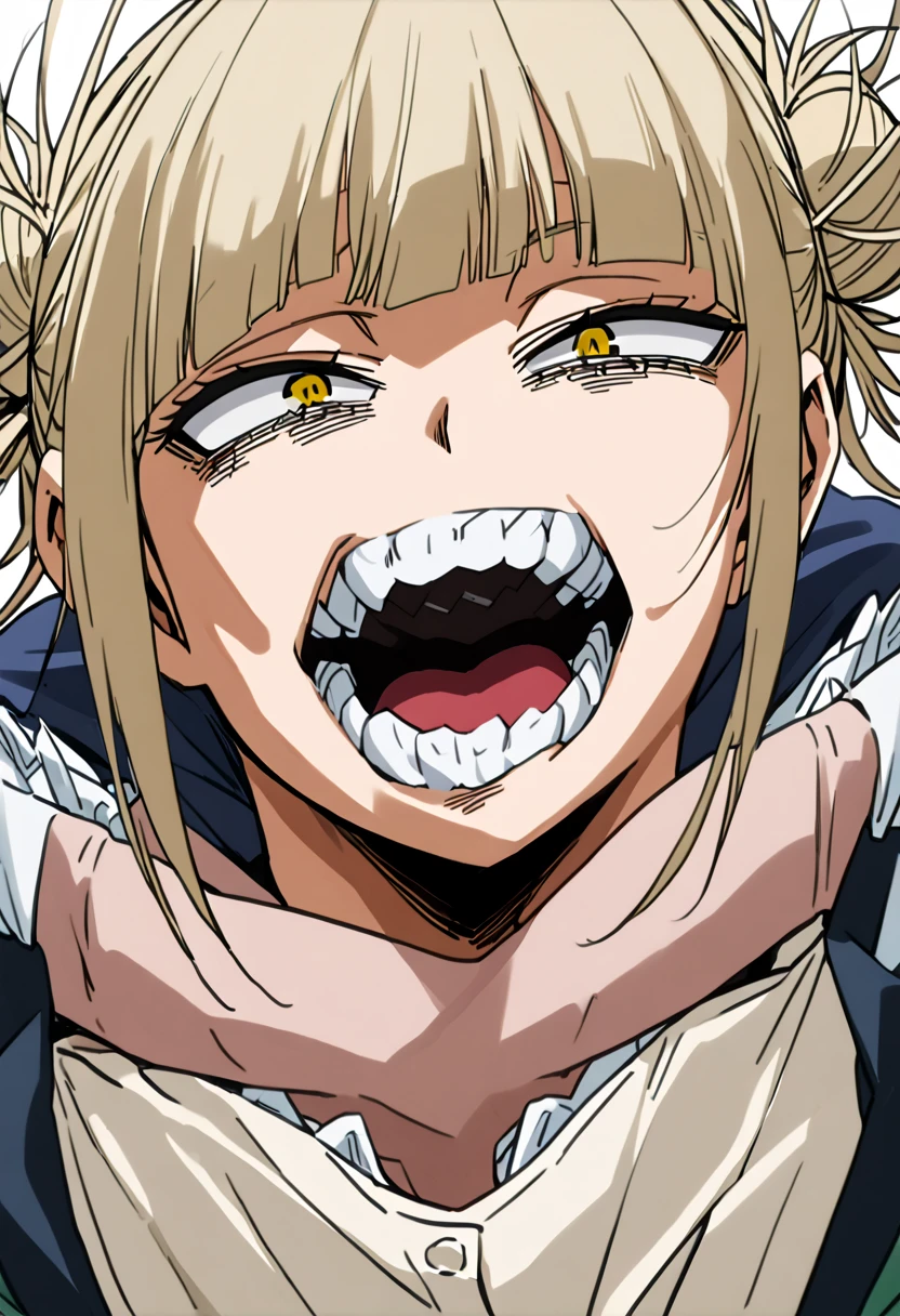 toga himiko,  1 girl in uniform,  Double Bang ,  Yellow Eyes ,  blonde hair ,  wide open mouth, ,  school uniform, tooth, smile, Butchoukami ,  sailor suit, Blue sailor collar,  white background , side lock, clavicle, ((full body)),  simple background,  Red Neckerchief , teeth, I narrowed my eyes., anatomically correct, (( White Panties with Lace )), Small underwear,