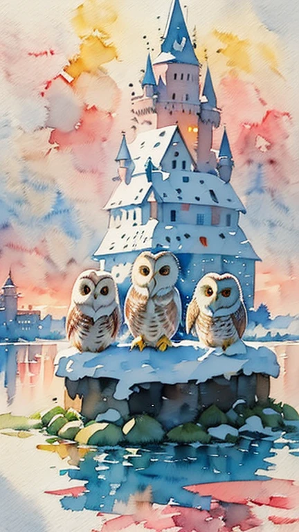 (masterpiece:1.2,   top quality),(  A few people are having fun with each other while doing something very detailed  ),(((watercolor))),8k,  christmas wallpaper, the little character ， ((  Cute Owl  :1.3)),The Castle of Cagliostro, Christmas Winter Scenery ，sunset,(Ghibli style),透明watercolor