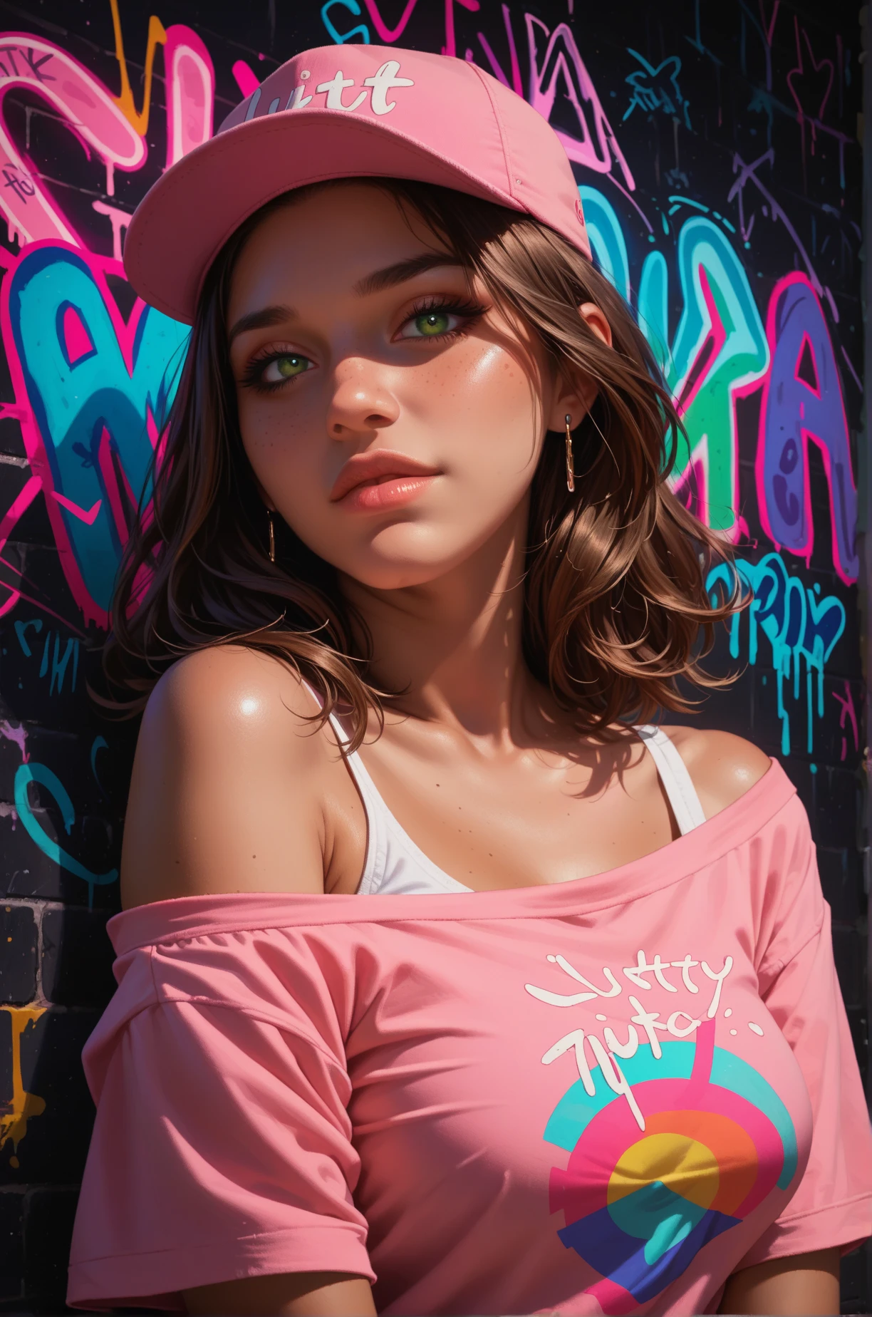 score_9, score_8_up, score_7_up, cartoon of a girl, solo, sexy, slutty, brown skin, hazel green eyes, brown hair, straight hair, pink cap, pink off-shoulder shirt, neon lighting, neon light reflections on skin, neon graffiti, colorful graffiti, dark, black wall background