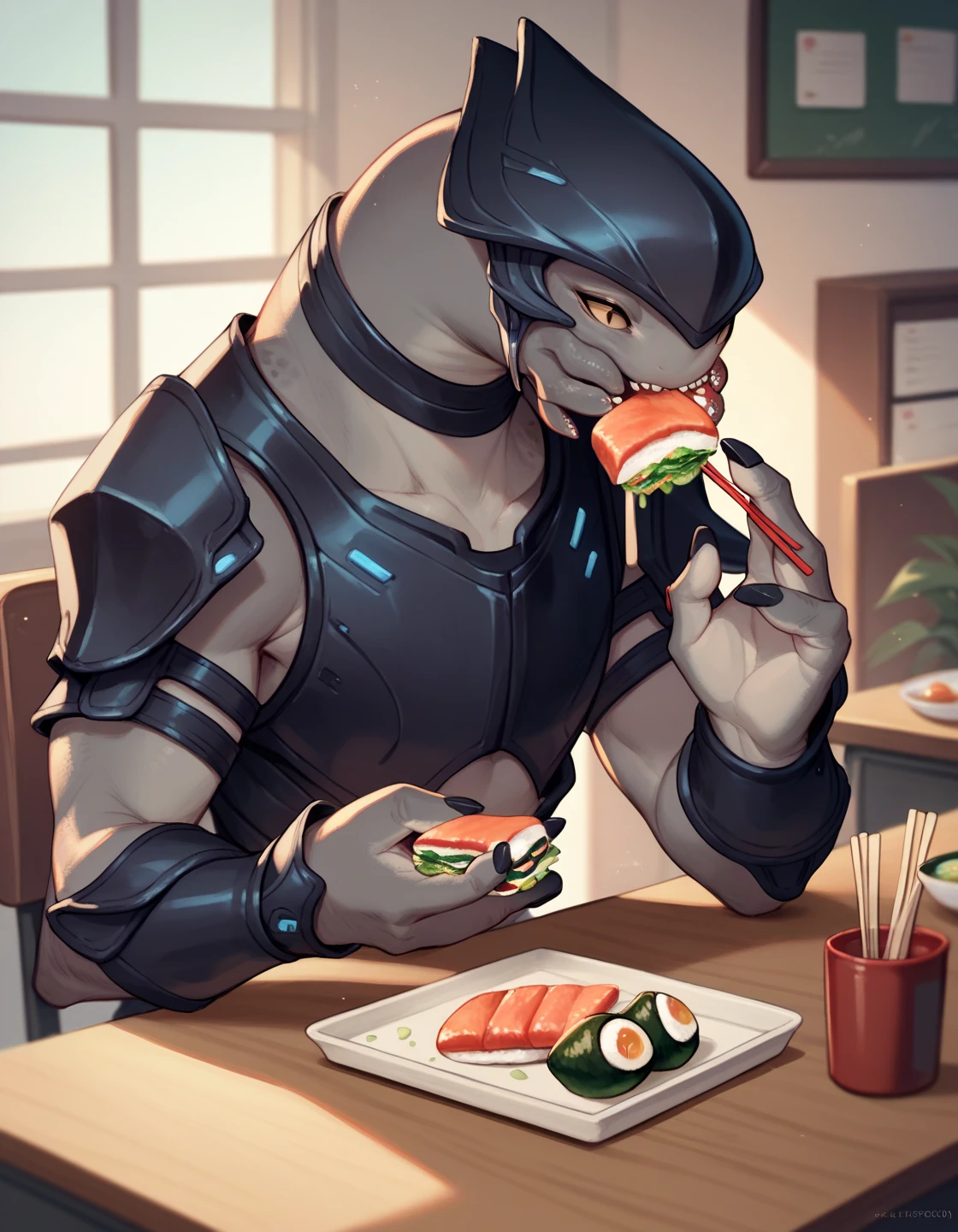 Sangheili, black armor, sitting at a desk at home, eating sushi with chopsticks.