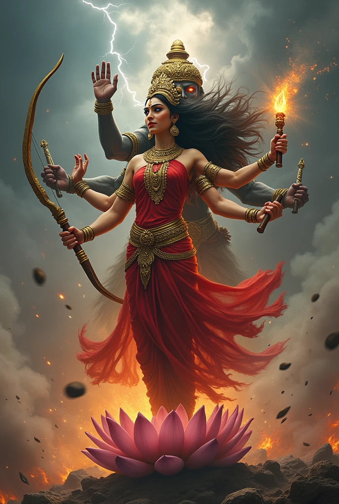 Angry fire Goddess Durga throws weapon to kill an old indian lady who is wearing specs and white saree
Portrait