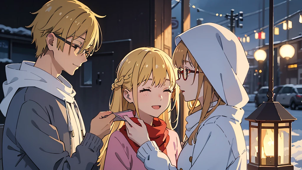 detailed romantic couple, beautiful young girl and boy, warm cozy winter scene, christmas tree, snow, fairy lights, soft lighting, pastel colors, anime art style, studio ghibli, highly detailed, 8k, photorealistic, girl blonde hair red glasses 1 braid, head down, eyes closed, happy, smiling 