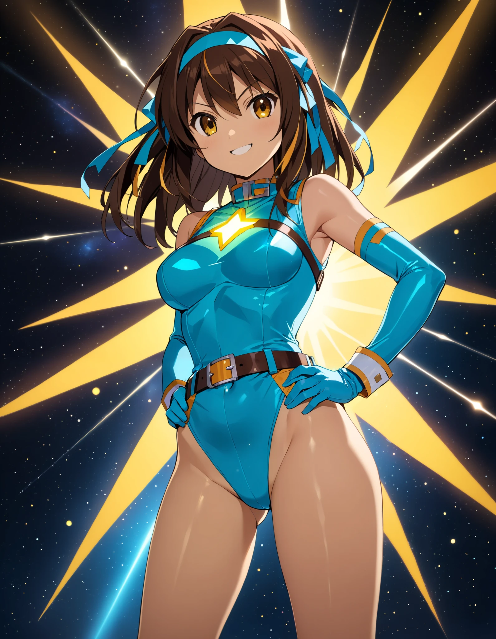 Masterpiece, best quality, high res, 8k, solo, solo focus, 1girl, suzumiya haruhi as a superhero, (blue highleg leotard with white accents), (high waisted belt:1.4, tight belt:1.4), (bare legs:1.4), matching gloves, (matching boots, blue ankle boots:1.2), smile, standing straight, hands on hip, (her body glowing with a yellow aura:1.2), space background, diffraction spikes, light particles