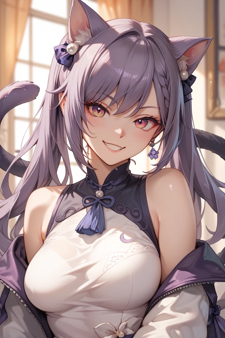  draw Ke Qing as a cat girl with a black tail and purple ears, make a little smile  (use LoRa 1 and LoRa 2  )